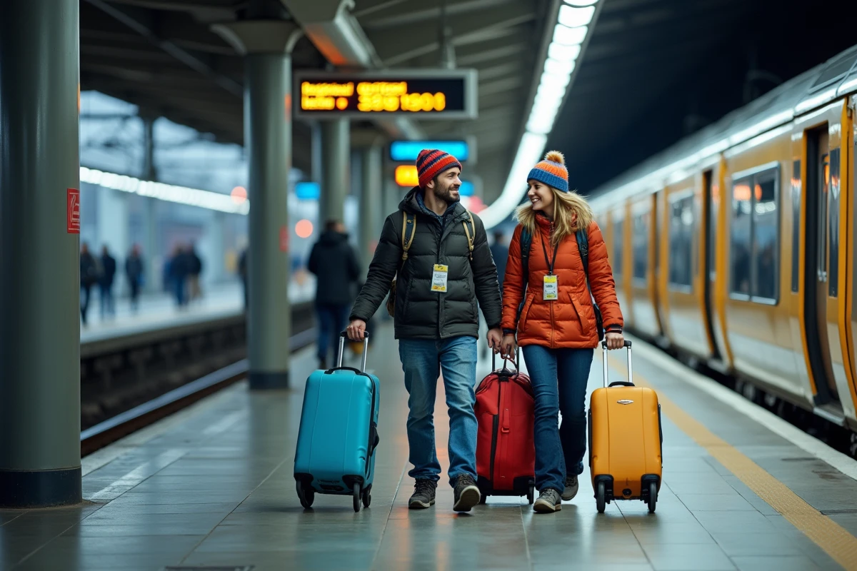 Couple chargé de skis montant dans un train en gare de Paris pour rejoindre une station de ski sans voiture