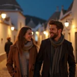 Jeune couple souriant dans les Trulli d'Alberobello la nuit