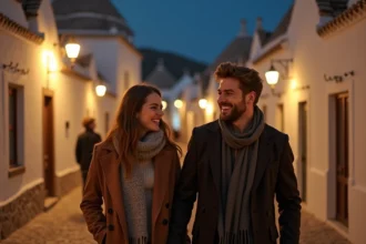 Jeune couple souriant dans les Trulli d'Alberobello la nuit