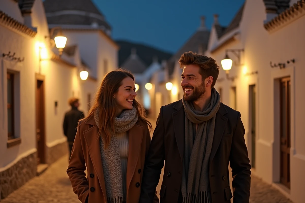Jeune couple souriant dans les Trulli d'Alberobello la nuit