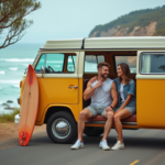Jeune couple souriant devant van vintage sur la côte australienne