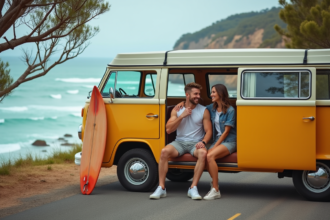Jeune couple souriant devant van vintage sur la côte australienne