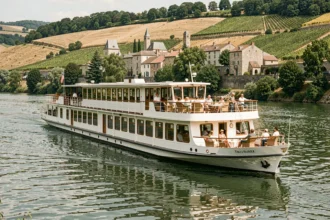 Bateau de croisière fluviale naviguant sur le Rhône avec des vignobles en terrasse et un village médiéval en arrière-plan