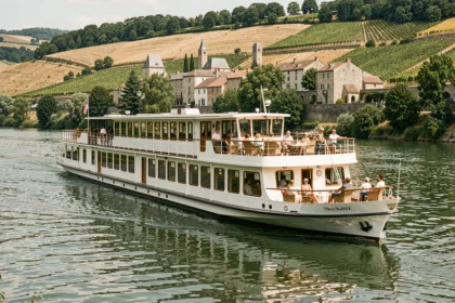 Bateau de croisière fluviale naviguant sur le Rhône avec des vignobles en terrasse et un village médiéval en arrière-plan
