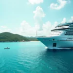 Paquebot de croisière de luxe naviguant dans les eaux turquoise de la mer des Caraïbes avec des îles tropicales en arrière-plan