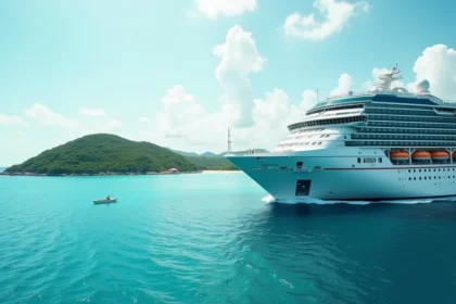 Paquebot de croisière de luxe naviguant dans les eaux turquoise de la mer des Caraïbes avec des îles tropicales en arrière-plan