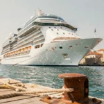 Bateau de croisière Norwegian amarré dans un port méditerranéen avec une ville côtière pittoresque en arrière-plan