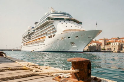 Bateau de croisière Norwegian amarré dans un port méditerranéen avec une ville côtière pittoresque en arrière-plan