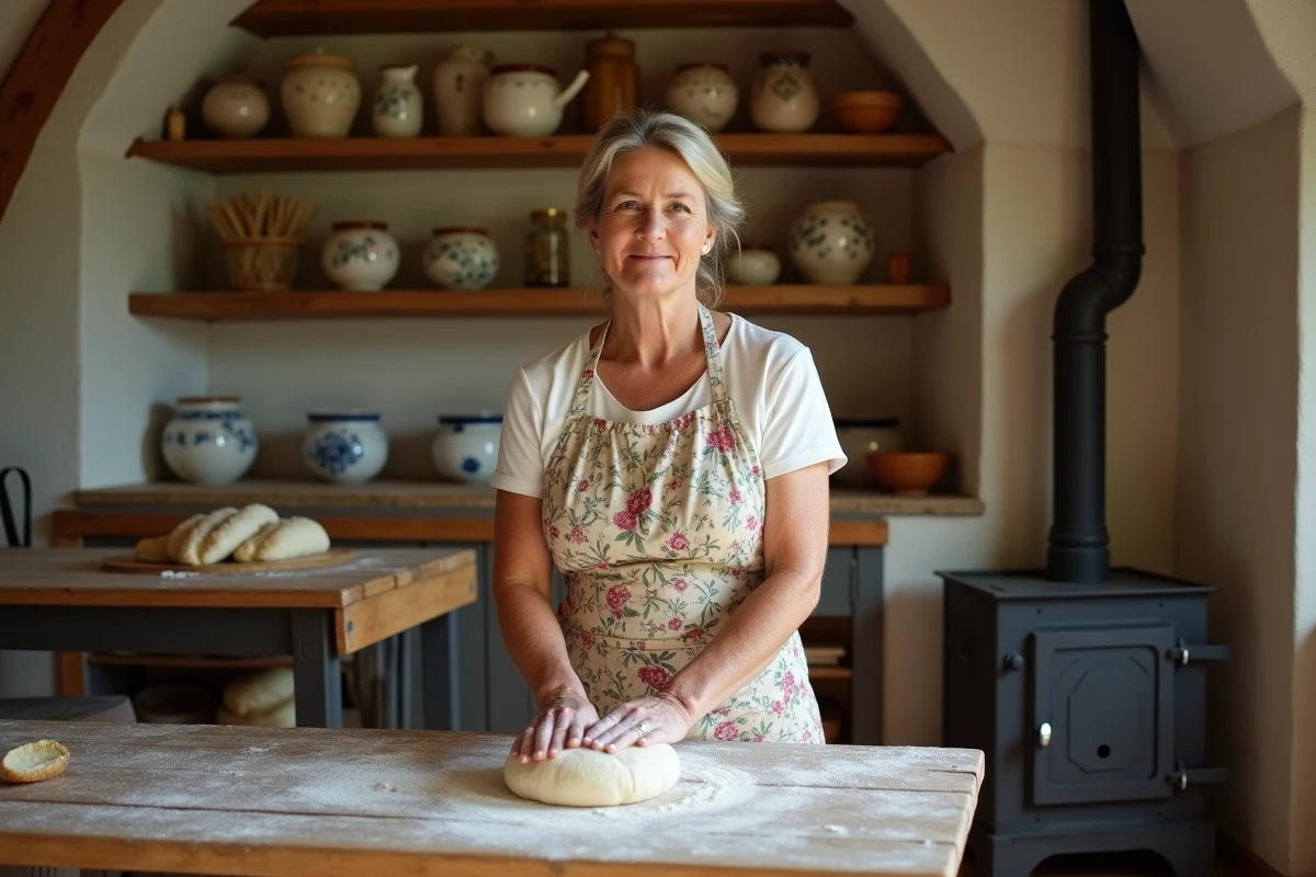Femme pétrissant du pain dans une cuisine paysanne bavaroise traditionnelle avec poutres en chêne et poêle en fonte