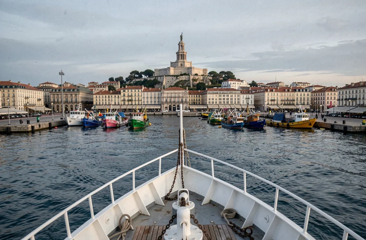 Vue depuis la proue d'un bateau de croisière quittant le Vieux-Port de Marseille avec Notre-Dame de la Garde en arrière-plan