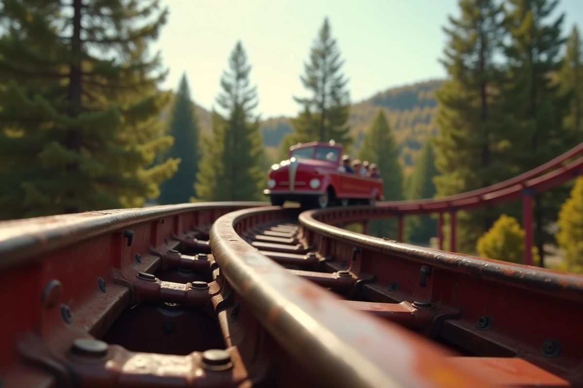 Détail artistique des rails d'un roller coaster vintage à Europa Park avec bokeh de forêt en arrière-plan, exemple de cadrage créatif en parc d'attractions