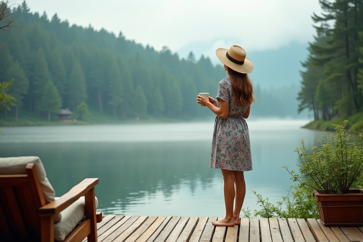 Femme en villégiature nature contemplant un lac depuis la terrasse d'un hébergement haut de gamme IRIS Vacances
