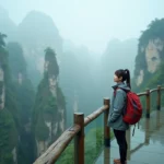 Voyageuse avec sac à dos sur le skywalk de la montagne Tianmen à Zhangjiajie, entourée de piliers karstiques dans la brume