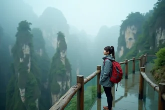 Voyageuse avec sac à dos sur le skywalk de la montagne Tianmen à Zhangjiajie, entourée de piliers karstiques dans la brume