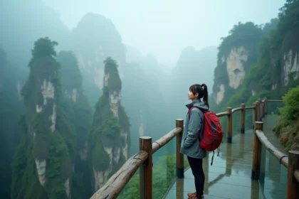 Voyageuse avec sac à dos sur le skywalk de la montagne Tianmen à Zhangjiajie, entourée de piliers karstiques dans la brume