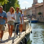 Groupe d'adultes montant à bord d'une péniche à Toulouse en évitant les erreurs d'embarquement