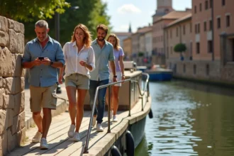 Groupe d'adultes montant à bord d'une péniche à Toulouse en évitant les erreurs d'embarquement
