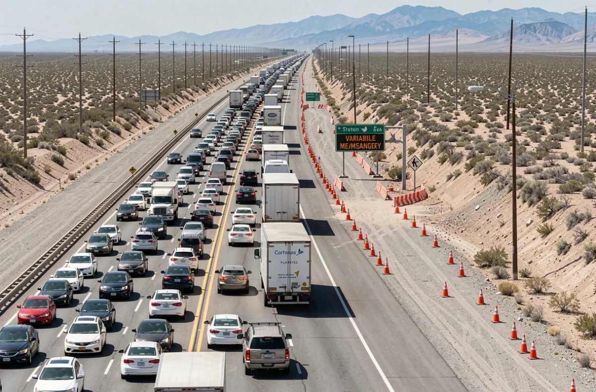 Embouteillage et travaux sur l'autoroute I-15 entre Los Angeles et Las Vegas avec signalisation de déviation