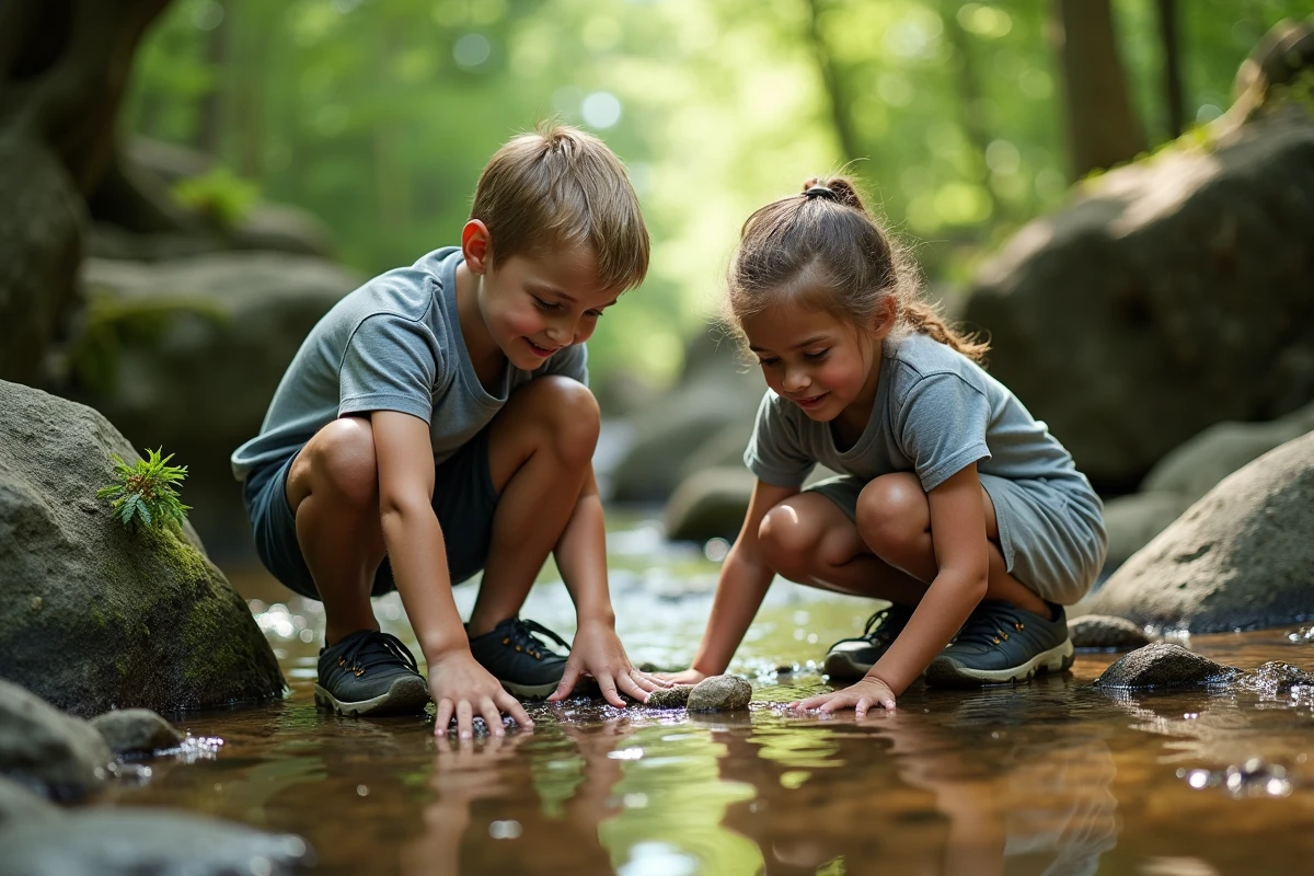 Enfants explorant un ruisseau en forêt lors d'une activité nature en séjour tout compris IRIS Vacances