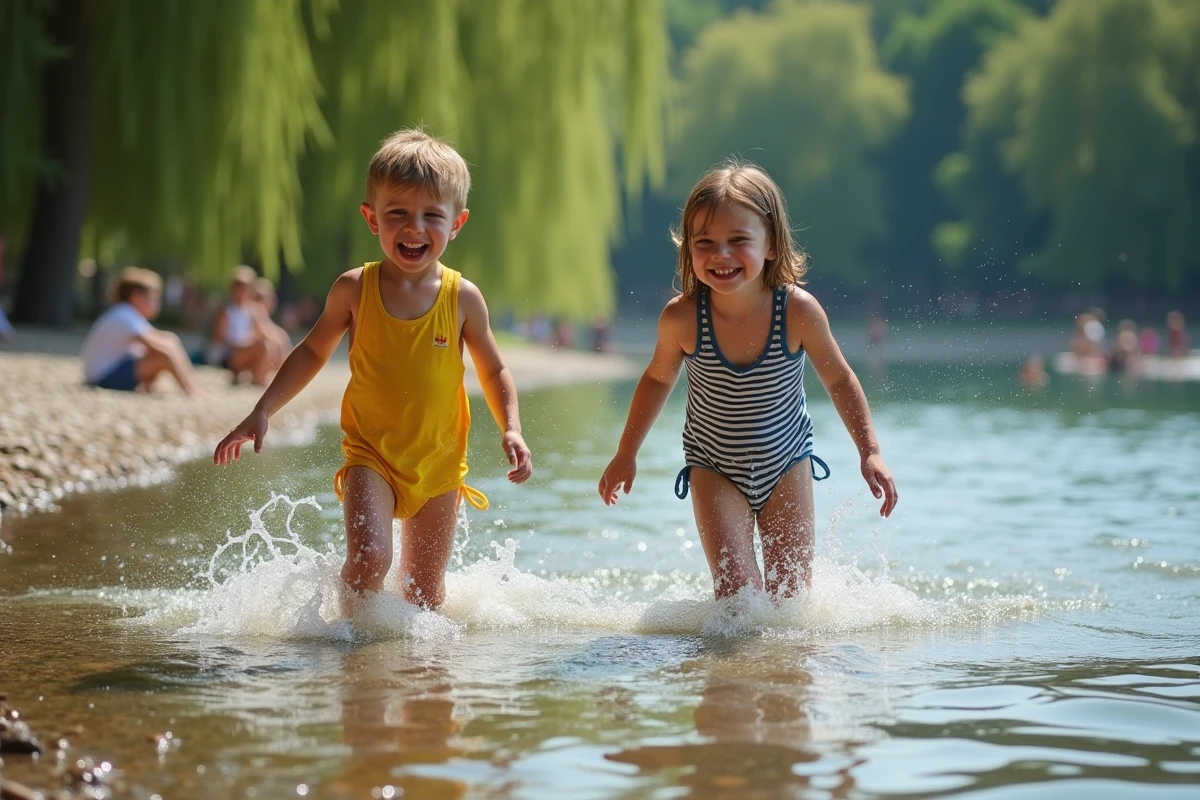 Enfants jouant dans une rivière lors de vacances d'été économiques en famille en août