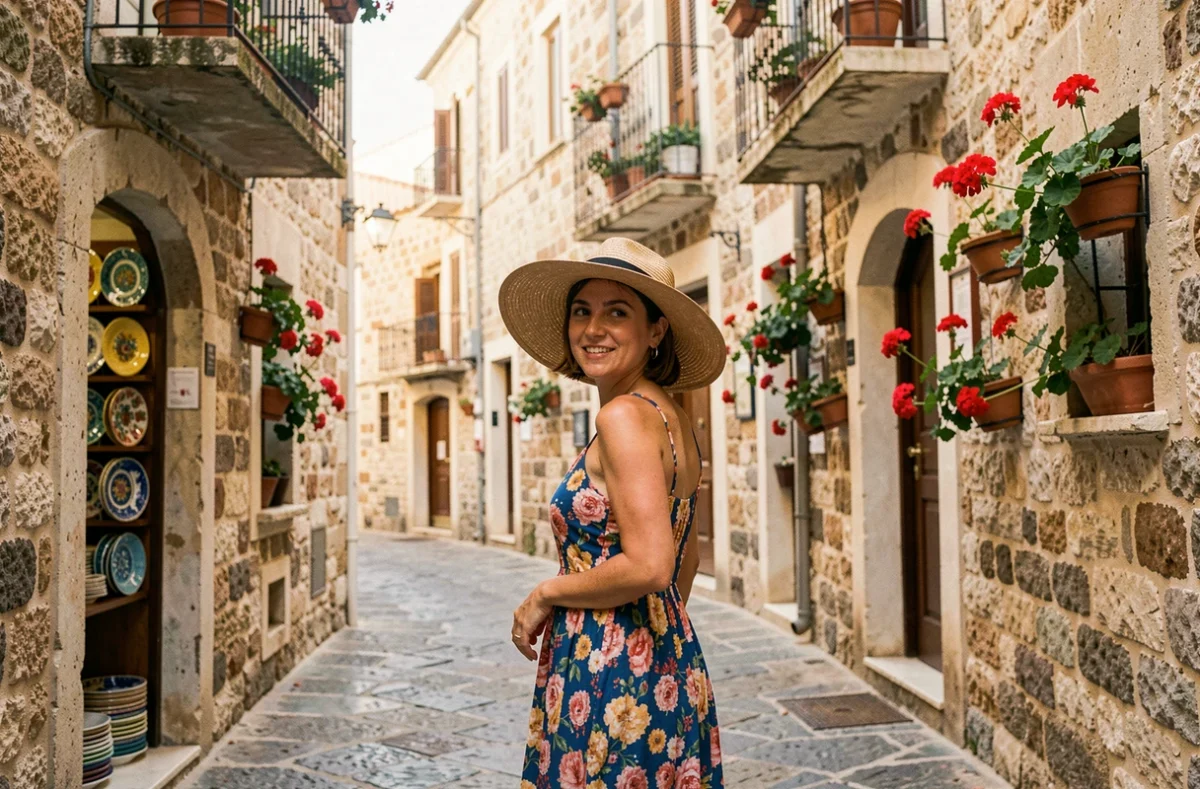 Voyageuse explorant une ruelle pittoresque d'un port méditerranéen lors d'une escale de croisière