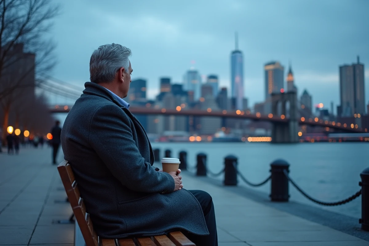 Homme sur l'esplanade de l'East River contemplant le skyline du Financial District et One World Trade Center au crépuscule à New York