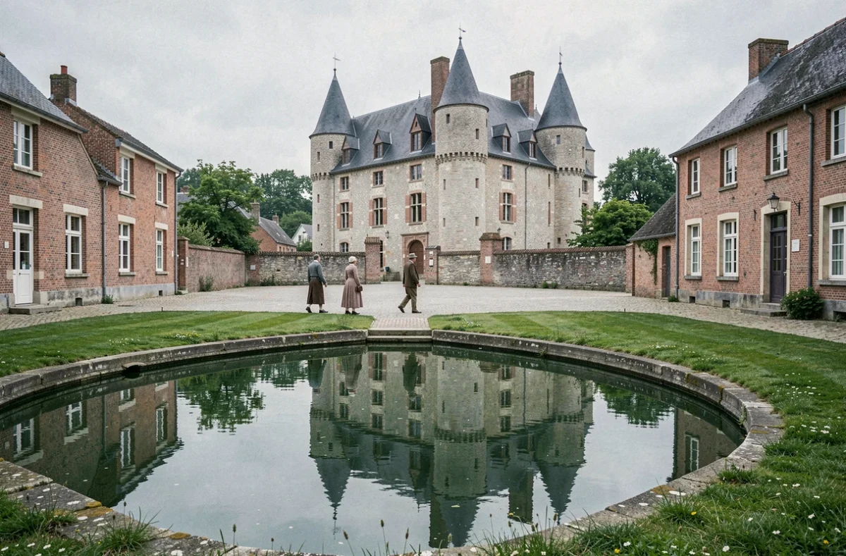Le château d'Esquelbecq et sa place du village flamand reflétés dans les douves, village préféré des Français 2023