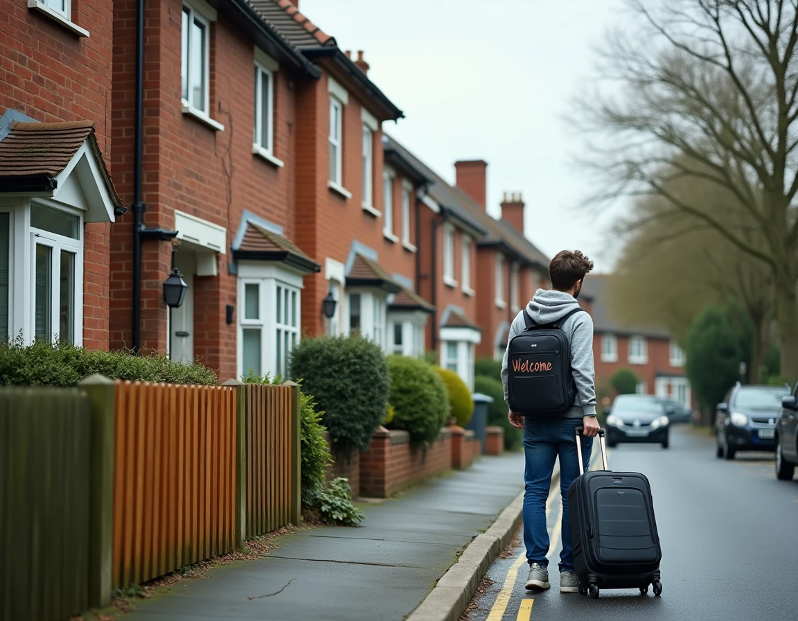 Étudiant international arrivant devant une maison d'accueil anglaise typique dans un quartier résidentiel abordable