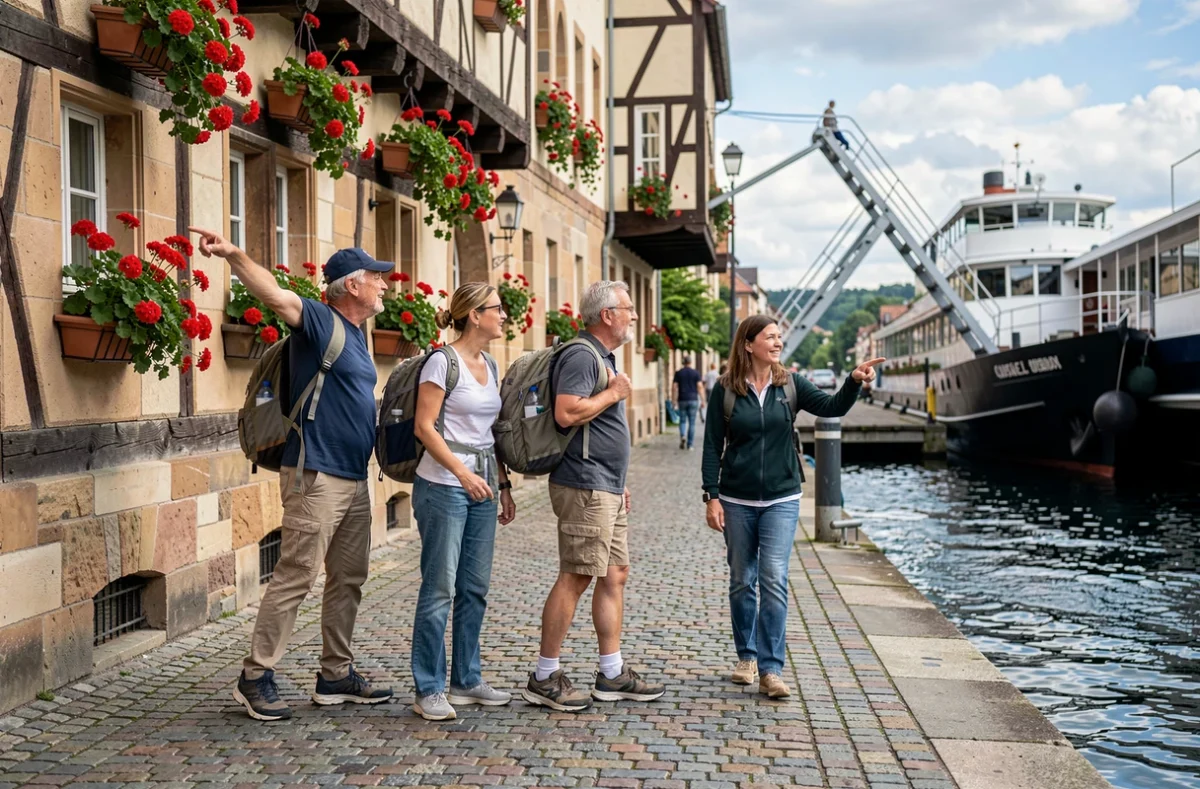 Groupe de touristes en excursion terrestre dans une ville alsacienne historique après avoir débarqué d'un bateau de croisière fluviale