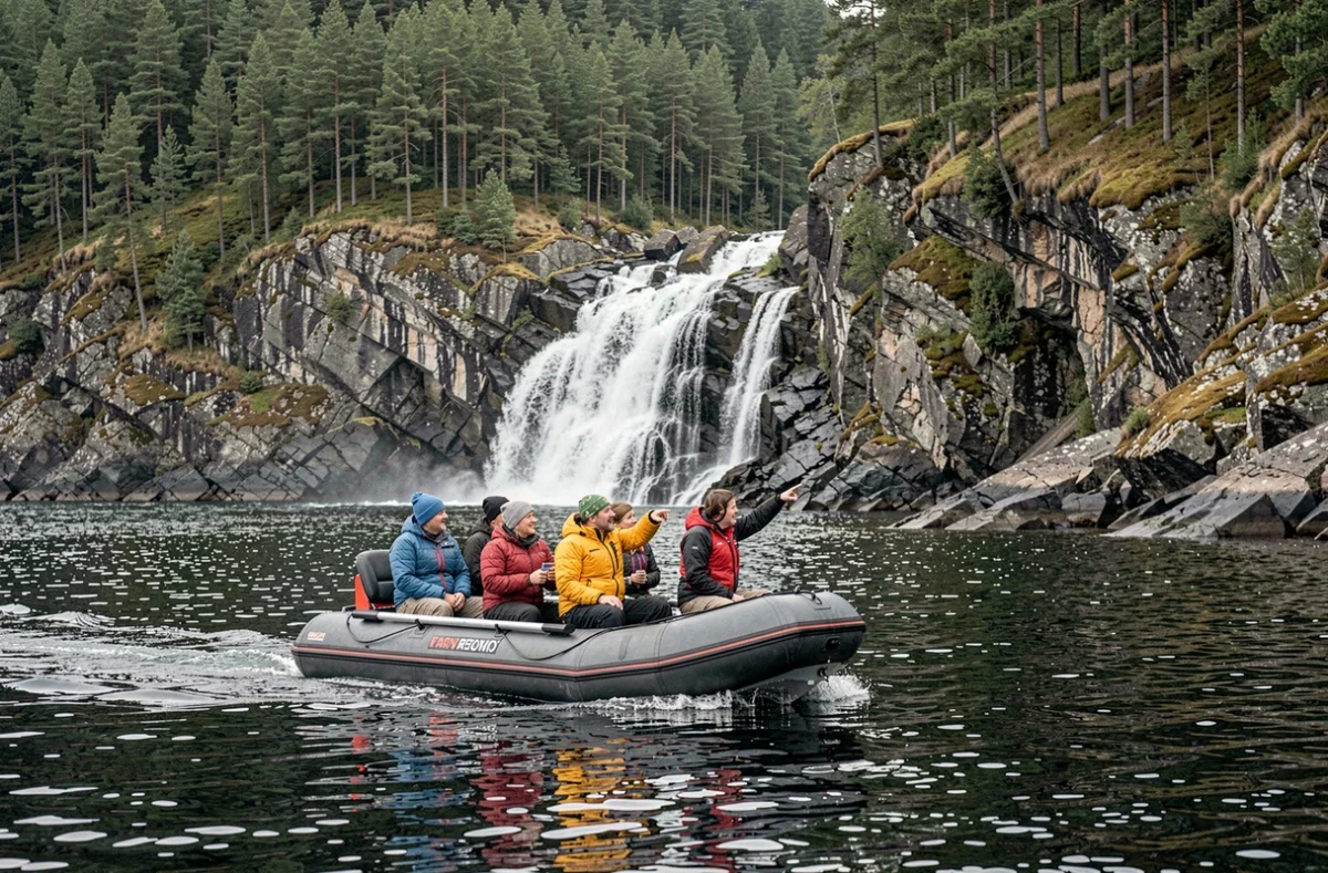 Passagers d'une croisière en zodiac approchant une cascade sur la côte rocheuse de Norvège