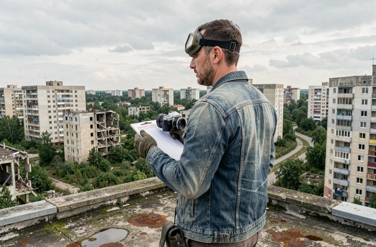 Explorateur sur le toit d'un immeuble abandonné contemplant une ville fantôme envahie par la végétation