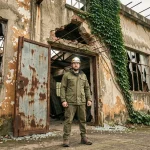 Explorateur urbain équipé d'un casque et d'une lampe frontale à l'entrée d'une usine abandonnée délabrée