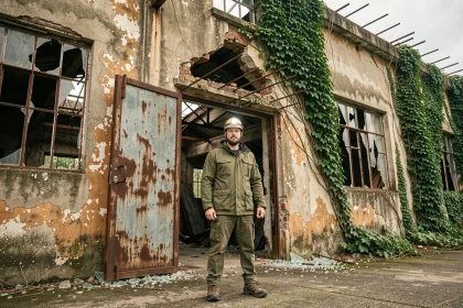 Explorateur urbain équipé d'un casque et d'une lampe frontale à l'entrée d'une usine abandonnée délabrée