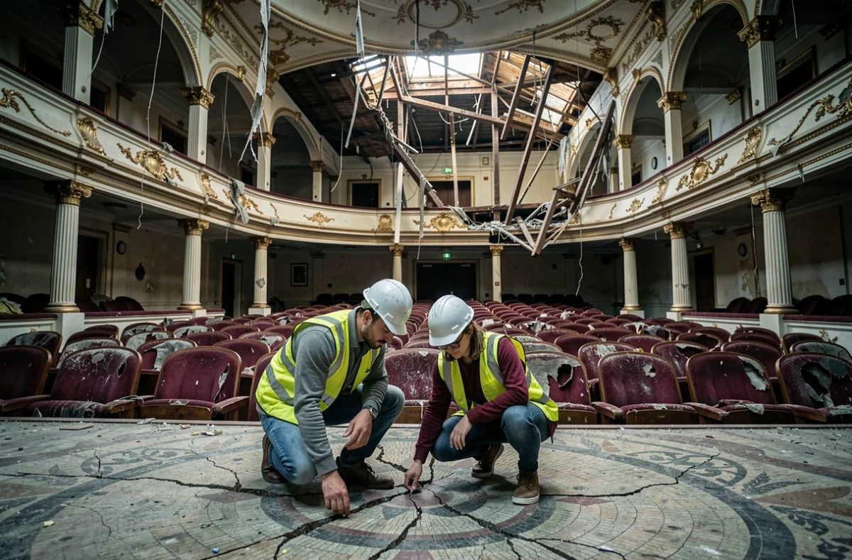 Deux explorateurs en gilets de sécurité inspectant le sol d'un théâtre abandonné aux ornements dorés effondrés