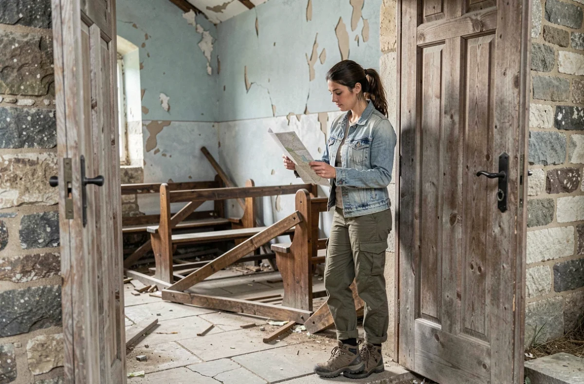 Exploratrice debout dans l'entrée d'une chapelle en ruine d'un village abandonné en France, consultant une carte papier