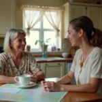 Famille d'accueil anglaise accueillant un étudiant étranger autour d'un thé dans une cuisine britannique typique
