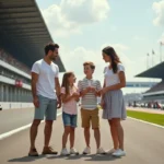 Famille visitant le circuit des 24 Heures du Mans avec les tribunes en arrière-plan