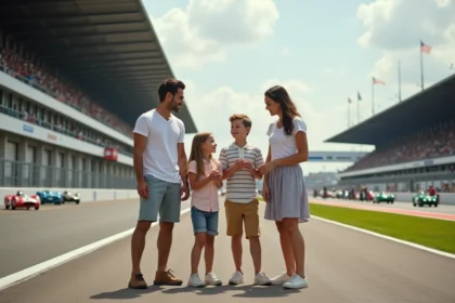 Famille visitant le circuit des 24 Heures du Mans avec les tribunes en arrière-plan