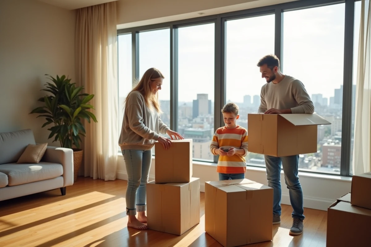 Famille déballant des cartons dans un appartement lumineux