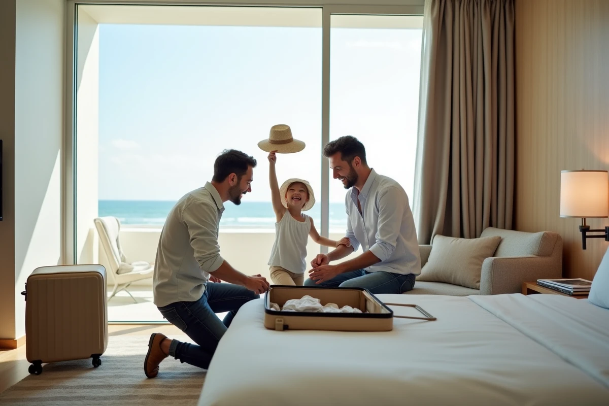 Famille de deux pères avec fille dans une chambre d