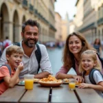 Couple avec enfants partageant un pique-nique en ville