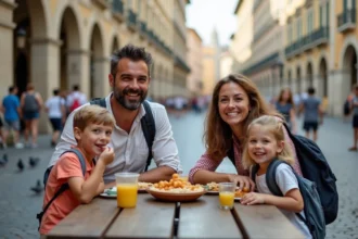Couple avec enfants partageant un pique-nique en ville