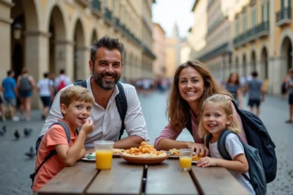 Couple avec enfants partageant un pique-nique en ville
