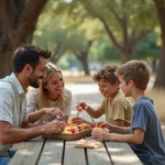 Famille en voyage pas cher en août mangeant un pique-nique dans une aire de repos ombragée au bord de la route