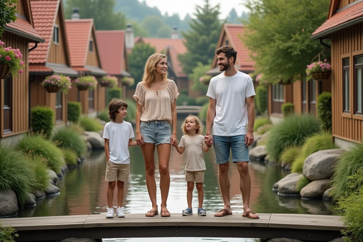 Famille en visite à Europa Park sur un pont en bois devant des façades scandinaves colorées, parfaite illustration pour un guide de photographie en famille