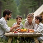 Famille en séjour nature tout compris IRIS Vacances autour d'un repas en plein air sous les pins