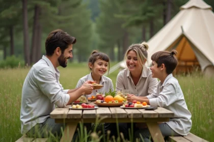 Famille en séjour nature tout compris IRIS Vacances autour d'un repas en plein air sous les pins