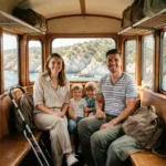 Famille avec poussette et bagages à bord du petit train Île-Rousse Calvi en Corse
