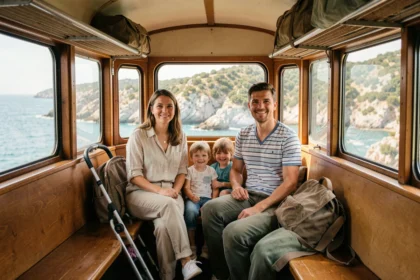 Famille avec poussette et bagages à bord du petit train Île-Rousse Calvi en Corse