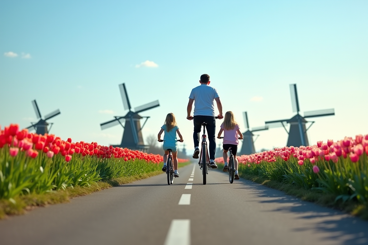 Famille à vélo dans la campagne néerlandaise avec tulipes en fleurs